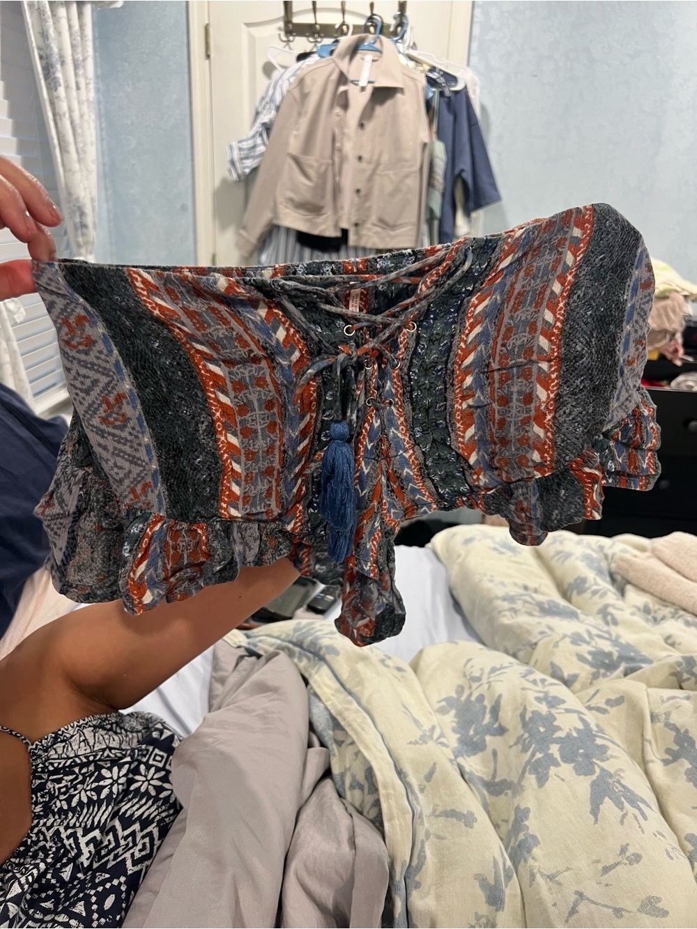 Free People Lace-Up Ruffle Crop Top in Blue, Rust, Gray